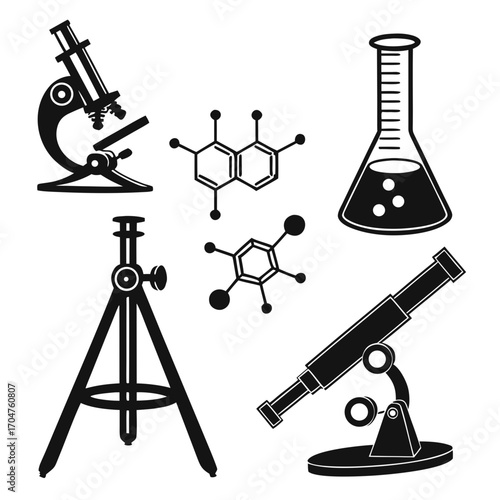 Collection of scientific icons including microscopes telescopes molecular structures and laboratory flasks on a white background
