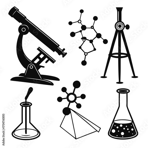 Collection of black and white science icons including a microscope molecular structures a tripod and laboratory glassware for research and discovery