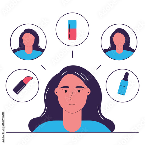 Beauty and cosmetic products concept with female faces and makeup items illustration
