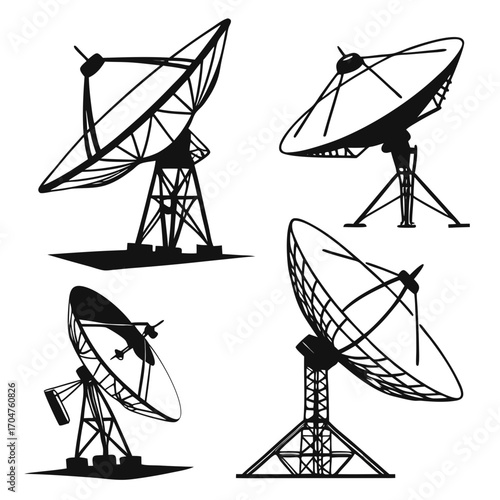 Collection of four black silhouette satellite dishes and radio telescopes on white background