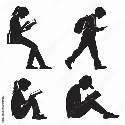 Diverse group of young people in silhouette engaged in reading writing and using mobile devices outdoors