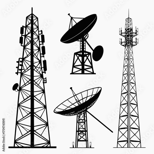 Collection of silhouetted communication towers and satellite dishes against a white background