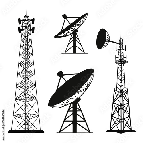 Collection of silhouette communication towers and satellite dishes against a white background for broadcasting and telecommunications