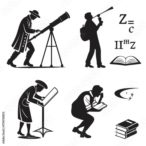 Vintage silhouettes of scientists and astronomers engaged in observation and study with telescopes and books