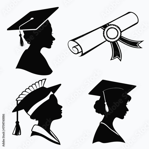 Collection of black silhouettes featuring graduation caps diplomas and profiles of students celebrating academic achievement