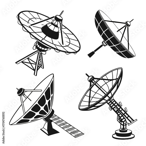 Collection of four distinct satellite dishes and radio telescopes depicted in a stylized black and white illustration style