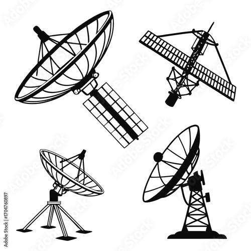 Collection of black and white silhouette illustrations of various satellite dishes and antennas on a white background