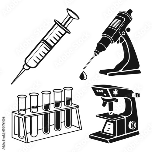 Collection of scientific laboratory equipment icons including a syringe microscope and test tubes with liquid in a rack
