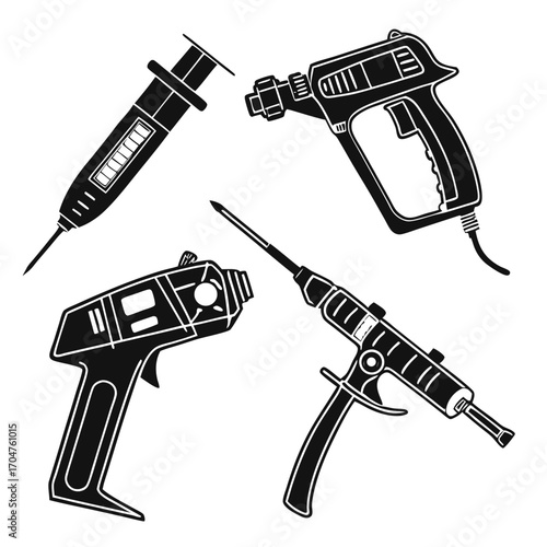 Collection of stylized black and white silhouette icons representing medical and industrial tools including a syringe and spray guns