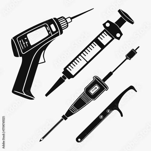 Collection of black silhouette medical and dental instruments including a syringe dental pick and electronic device