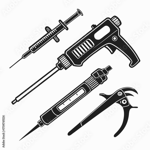Collection of medical and dental instruments including syringes and forceps in a black and white illustration style