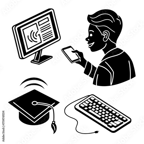 Illustration of a smiling person using a smartphone to interact with a computer and graduation cap symbolizing online education and technology