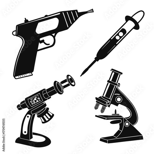 Collection of black silhouette icons representing scientific equipment including a microscope soldering iron and a futuristic ray gun on a white background