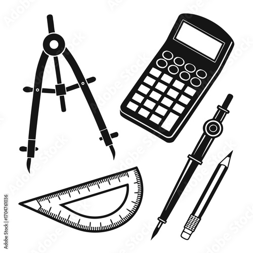 A collection of black silhouette drawing and calculation tools including a compass protractor calculator and pencil on a white background