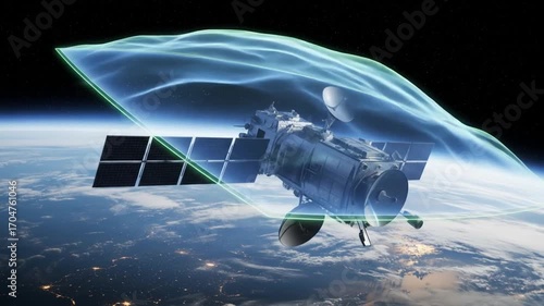 Artistic Visualization of Earth Orbiting Satellite with Shield Technology Concept