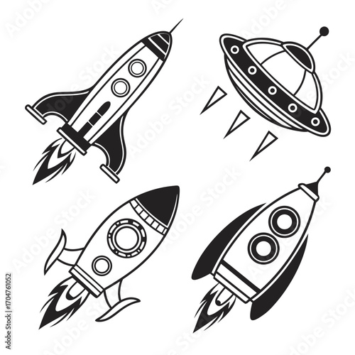 Collection of retro style black and white cartoon rockets and a flying saucer in motion with exhaust flames