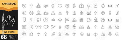 Christian line icon set.Simple Set of Religion Symbols.Cross, bible, christmas, easter, dove, Prayer Room, Temples, Divine Book Editable stroke Vector illustration.eps
