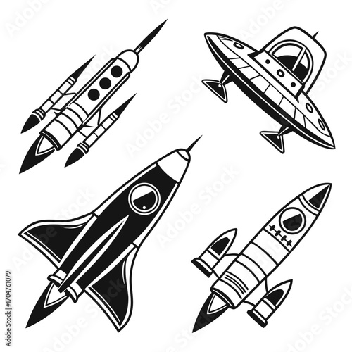 Collection of retro style cartoon rockets and a flying saucer in black and white vector art