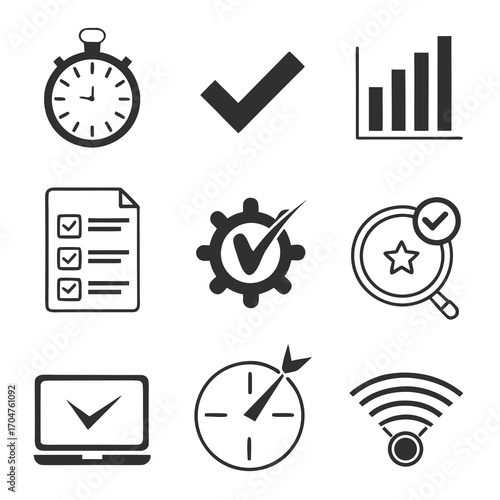 Collection of nine black and white icons representing business success efficiency and progress with checkmarks graphs and clocks
