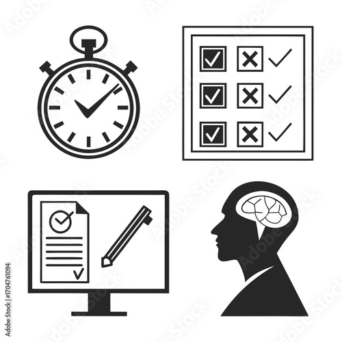 Set of icons representing time management testing online assessment and cognitive thinking for business and education