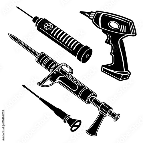 Collection of four black and white illustrations of various sealant and caulking guns and a small drill