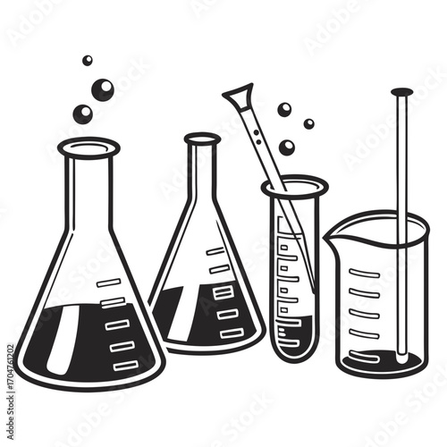 Black and white illustration of laboratory beakers and flasks with bubbling liquids and scientific equipment