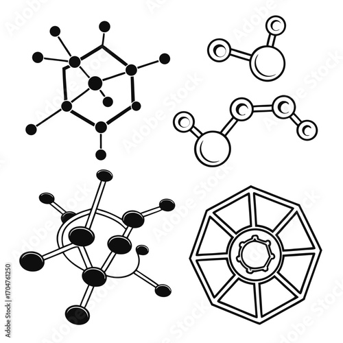 Collection of stylized black and white molecular structures and geometric shapes representing science and innovation