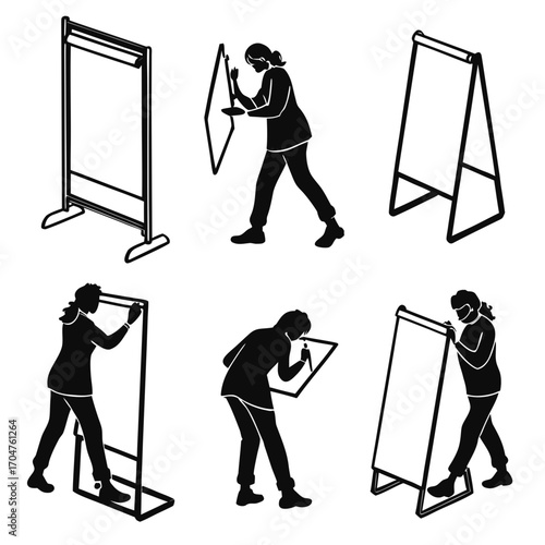 Collection of stylized black and white silhouette illustrations of people interacting with whiteboards and flip charts for presentations