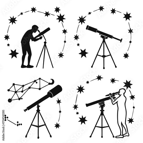 Silhouettes of people and telescopes observing constellations and stars in the night sky