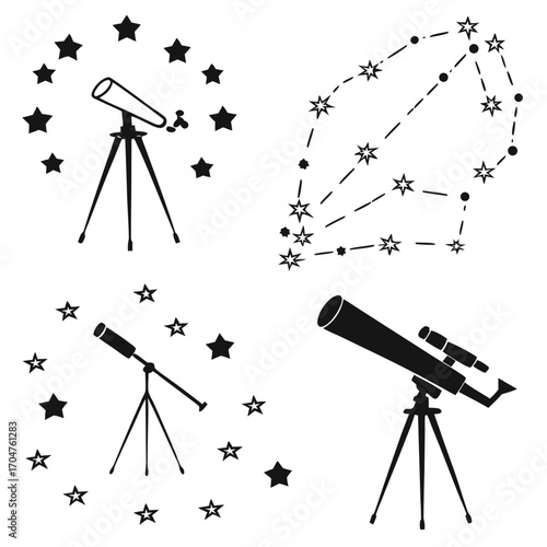 Collection of stylized black silhouette illustrations of telescopes and stars including constellations on a white background