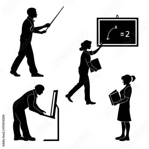 Silhouettes of teachers and students in various educational settings including a lecture a computer lesson and classroom instruction