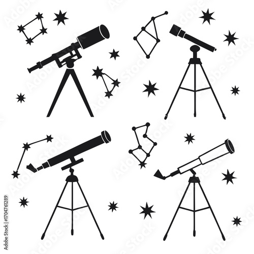 Collection of four black silhouette illustrations of telescopes and constellations against a white background