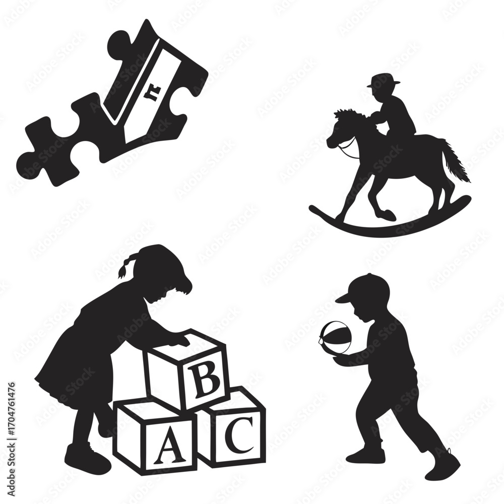 Obraz premium Collection of black silhouettes depicting children engaged in various playful activities and learning concepts