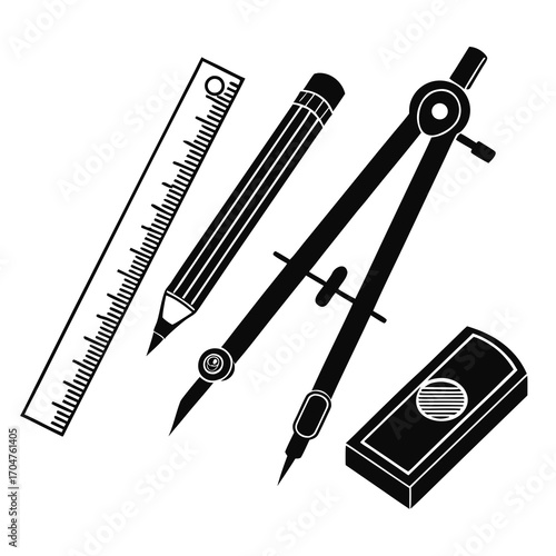A set of drafting tools including a ruler pencil compass and eraser on a white background