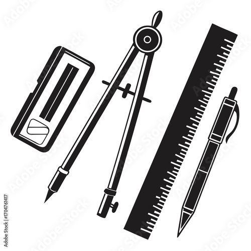 A collection of drafting and drawing tools including a compass ruler pen and pencil sharpener on a white background