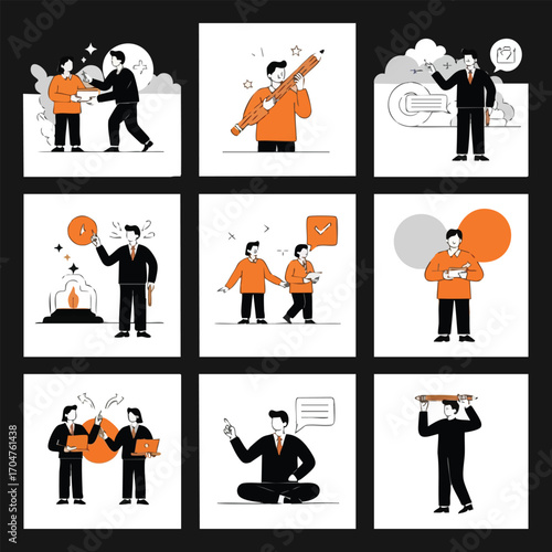 A collection of nine modern flat design illustrations depicting various business concepts and teamwork scenes.