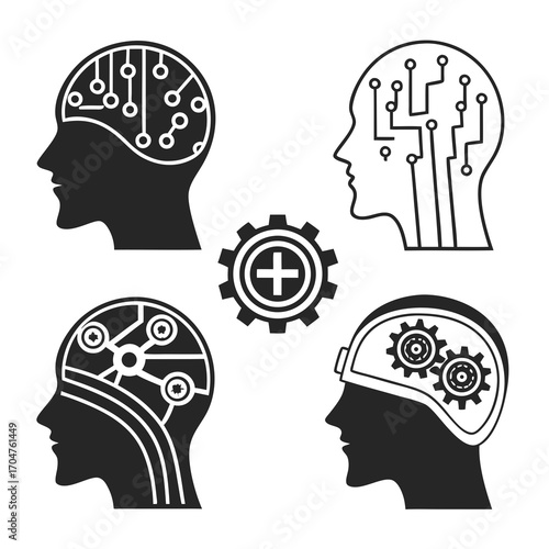 Conceptual illustrations of human heads with integrated circuitry gears and technology symbolizing artificial intelligence and cognitive processes