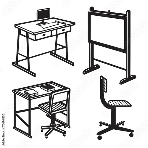 Collection of office and school furniture including desks with computers and chairs and a whiteboard on a stand