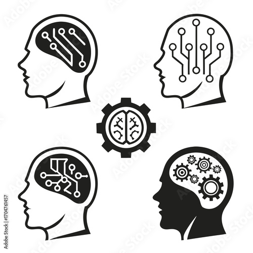 Collection of stylized human heads with intricate brains representing artificial intelligence and technology concepts