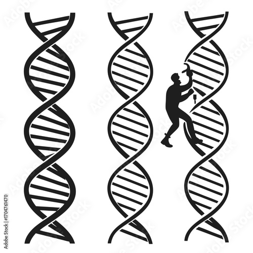 Silhouette of a person climbing a dna helix with a wrench symbolizing genetic engineering and scientific research