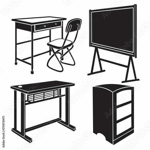 Collection of school furniture including desks chairs a blackboard on a stand and a filing cabinet in a simple black and white illustration style