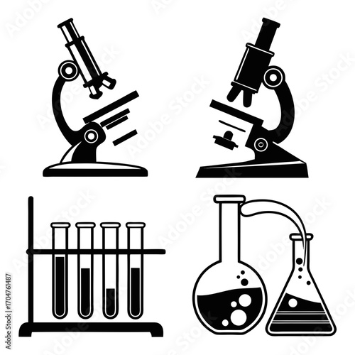 Set of four black and white science icons including two microscopes a rack of test tubes and chemical flasks