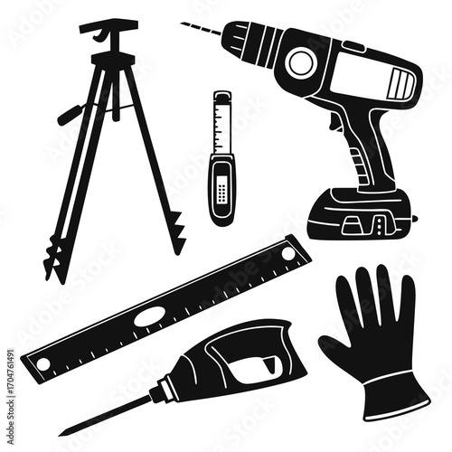 Collection of black silhouette construction and diy tools including a drill tripod level measuring tool and gloves on a white background