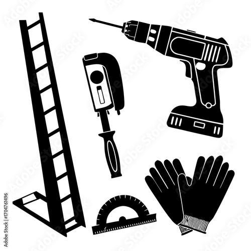 Collection of black silhouette construction tools including a drill ladder gloves and protractor on a white background