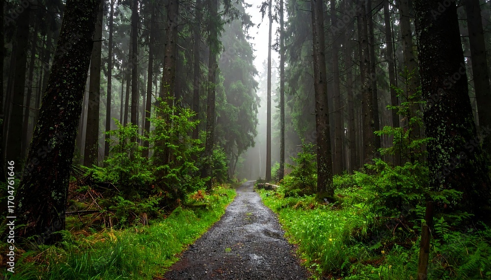 Obraz premium Misty Forest Path with Tall Trees and Lush Greenery.
