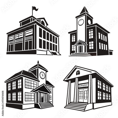 Collection of stylized black and white silhouette illustrations of classic institutional buildings like schools and libraries