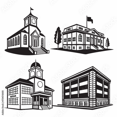 Collection of black and white silhouette illustrations of various public buildings and architecture