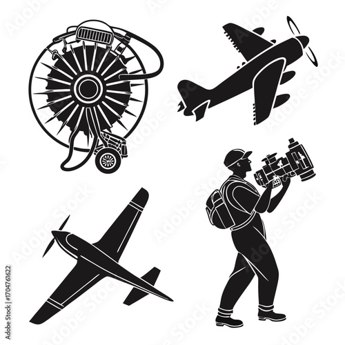 Collection of black silhouette illustrations depicting aviation elements and a photographer capturing aerial views