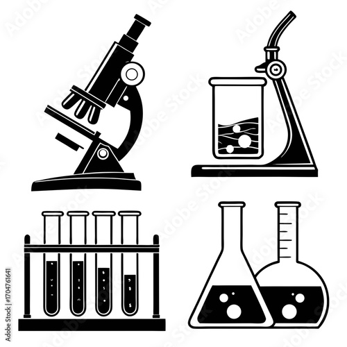 Collection of black and white scientific laboratory equipment icons including a microscope test tubes flasks and beakers