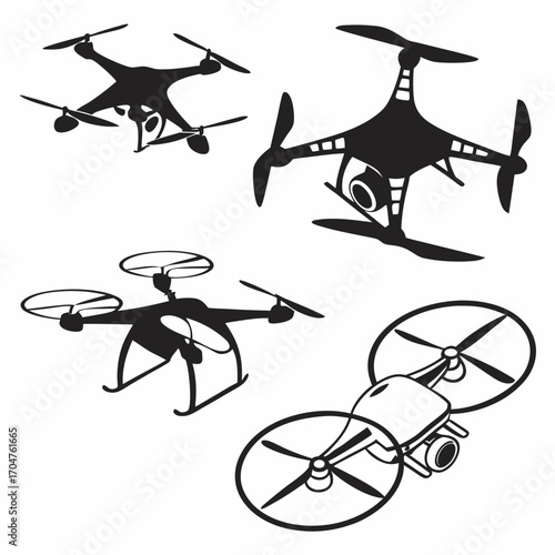 Collection of four black silhouette quadcopter drones with cameras in various perspectives and designs isolated on white background